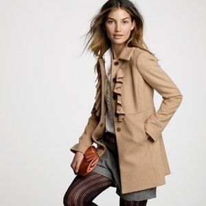 J. Crew Ruffle Front Coat, Camel Size 0